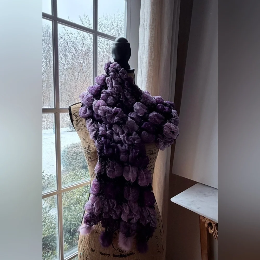 Luxurious Purple Art  Scarf with real fur